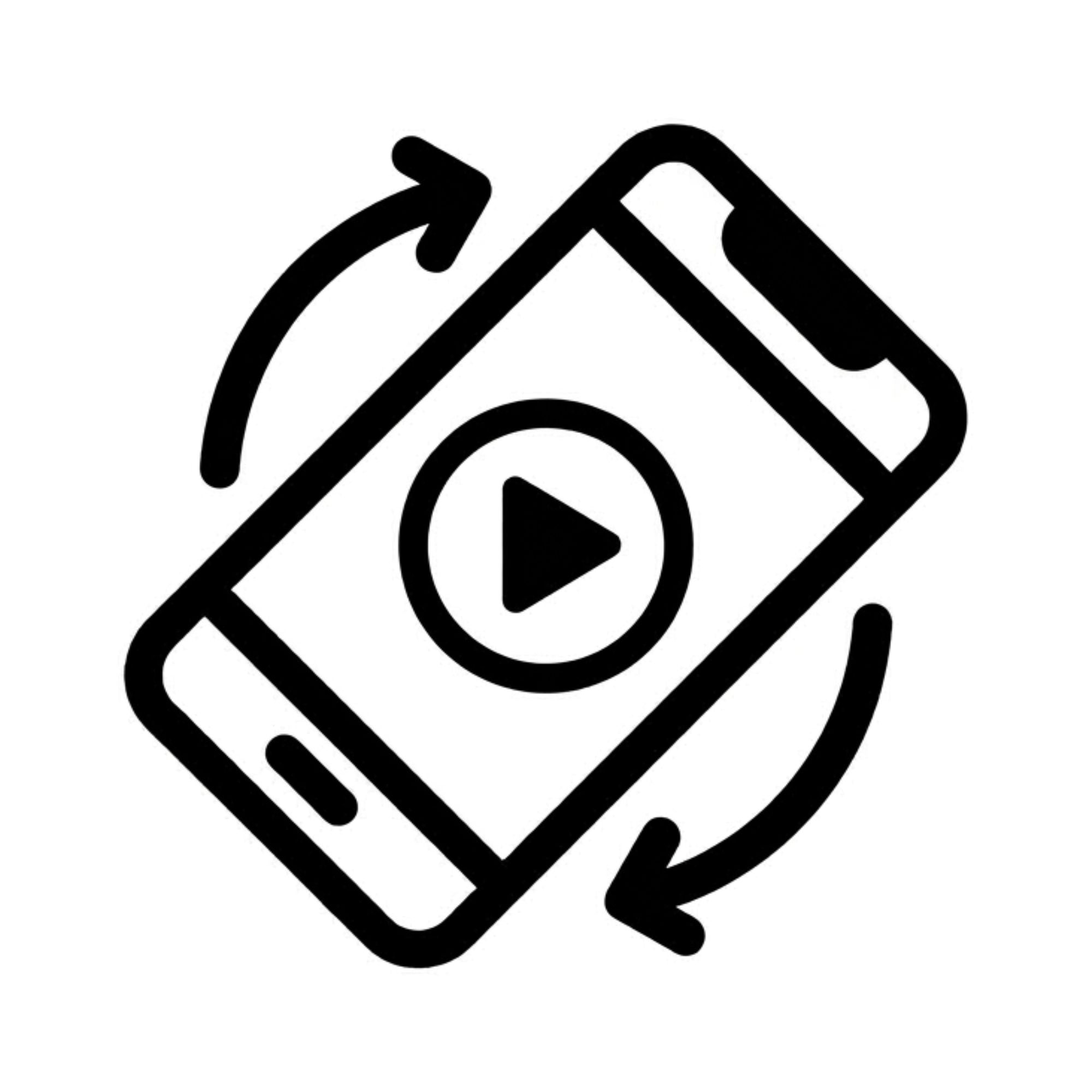 Biểu tượng cài đặt video ứng dụng BLEEQUP — hình điện thoại đen trắng với mũi tên xoay minh họa chuyển hướng màn hình (hỗ trợ ghi video/ảnh cả ngang và dọc với kính camera thể thao AI BLEEQUP Ranger)